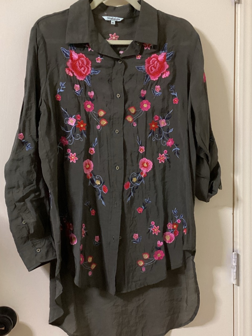 Nostalgia Black Button-Up Blouse with Pink & Blue Floral Embroidery